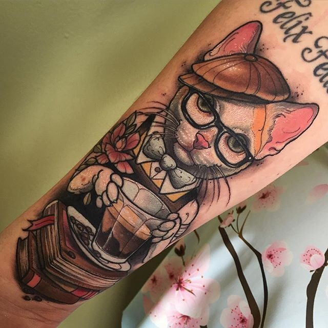 Neo Traditional Style Colored Forearm Tattoo Of Cute Cat With Cap And