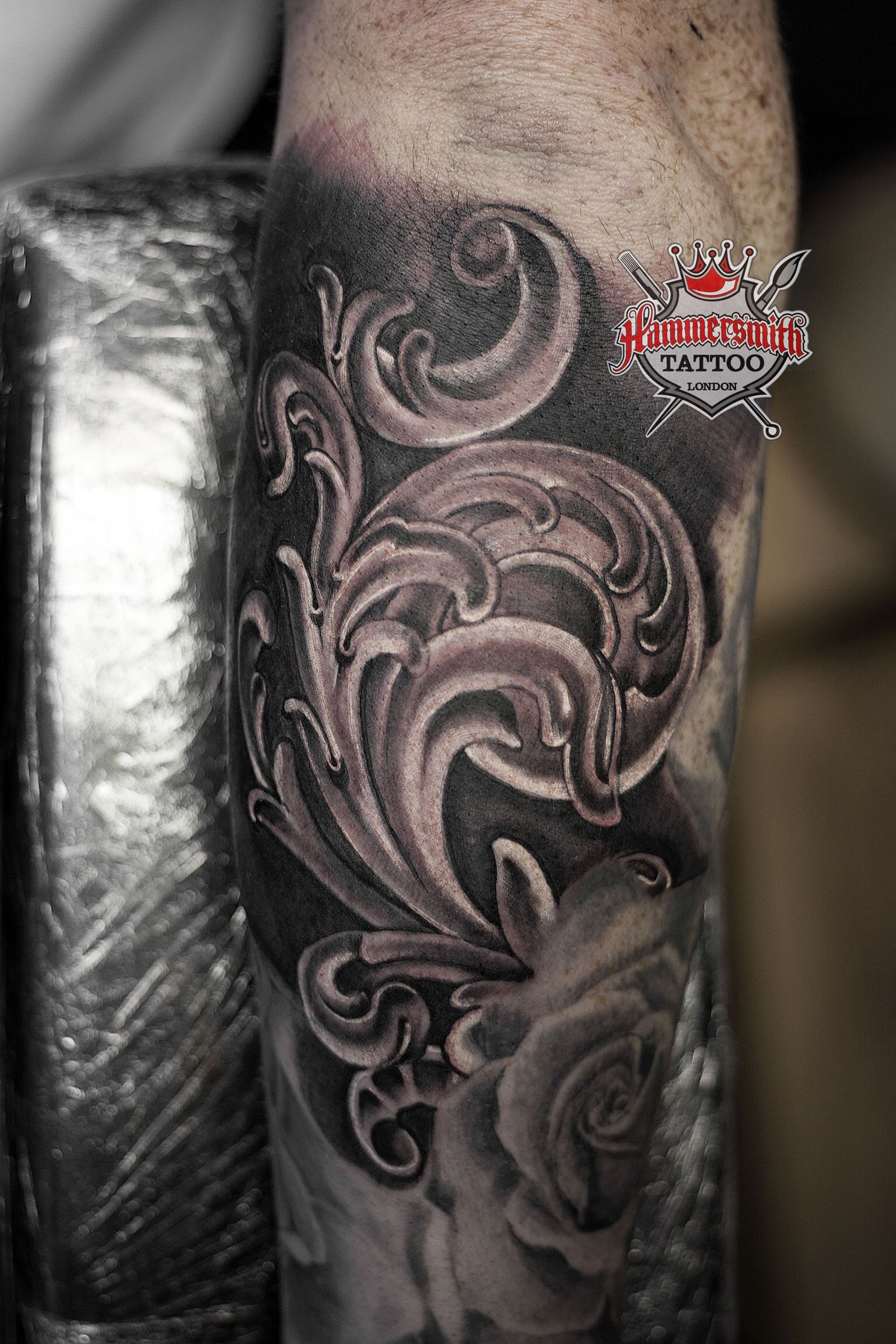 Ornate Gap Filler Black And Grey Tattoos Tattoos Waves Tattoo