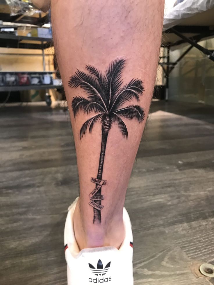 Palm Tree Tattoo By Kafka Tattoo Tree Leg Tattoo Palm Tree Tattoo Ankle Knee Tattoo Calf