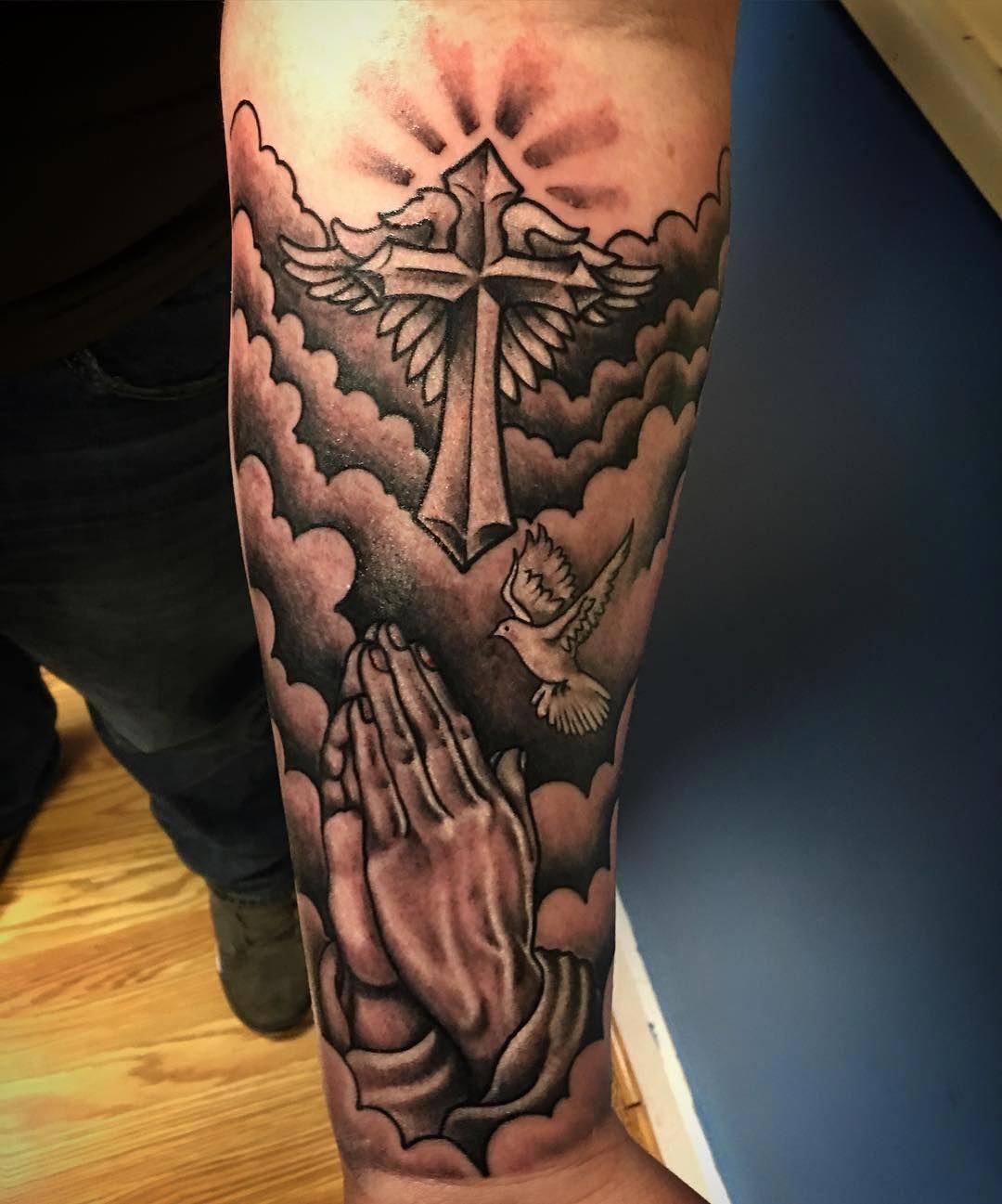 Praying Hands Dove Cross Tattoosformen Cloud Tattoo Cool Forearm Tattoos Outer Forearm