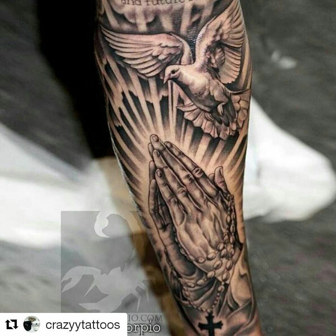 Praying Hands Tattoo With Clouds And Doves