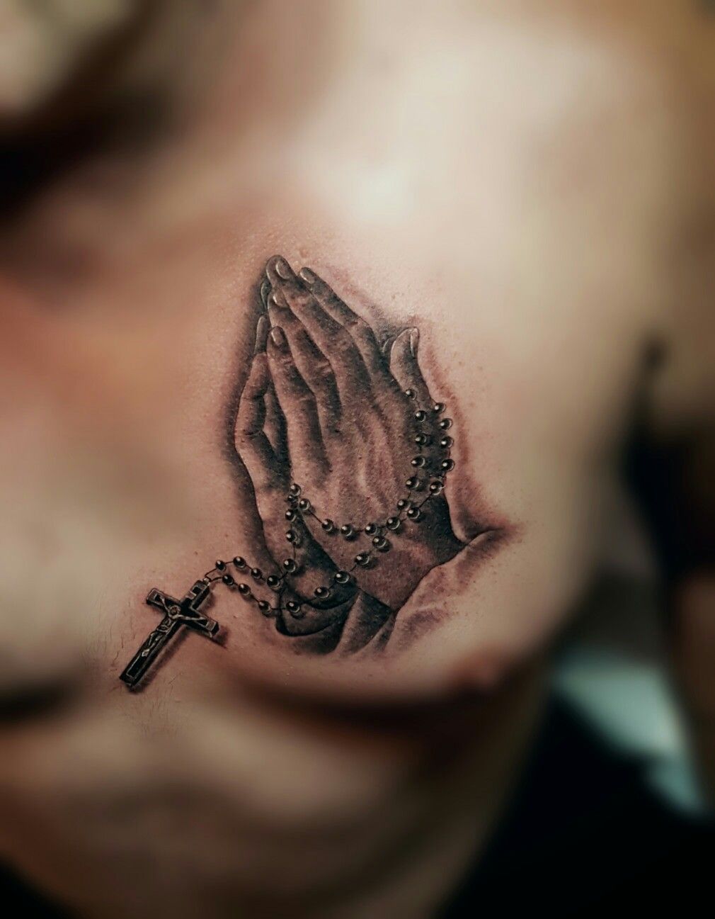 Praying Hands With Rosary Tattoo On Chest