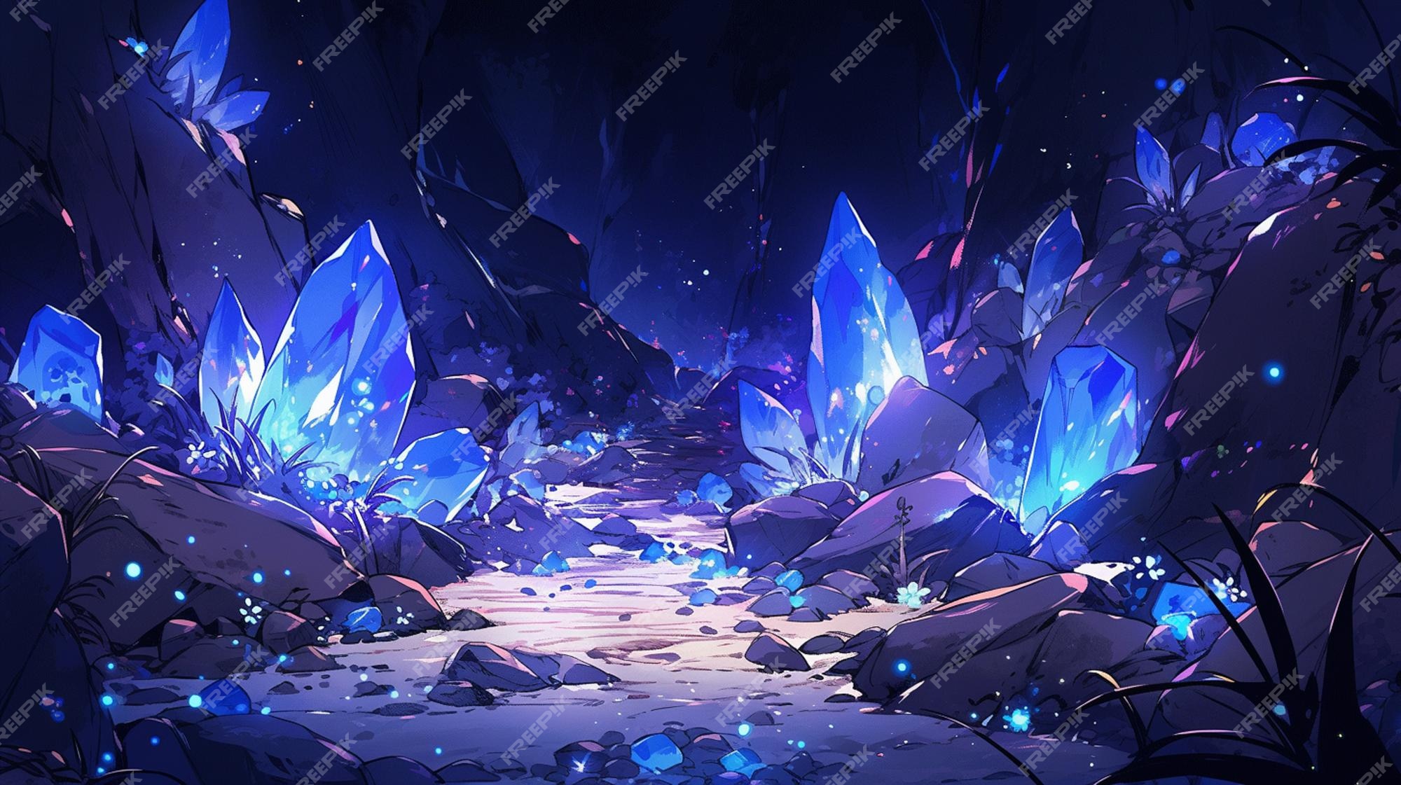 Premium Ai Image Anime Scene Of A Cave With Blue Crystals And A Stream Generative Ai