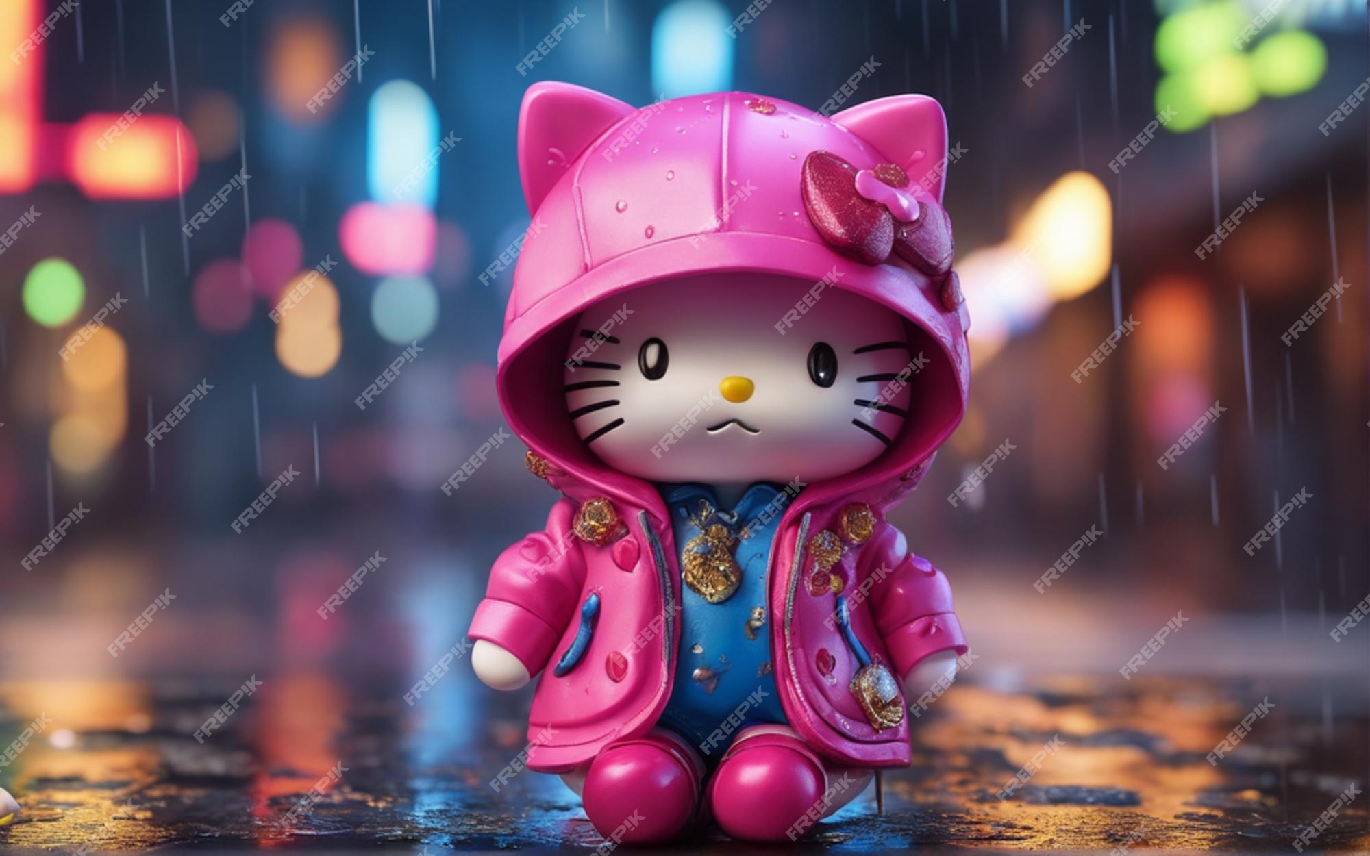 Premium Photo Cue Cat Character Hello Kitty With Pick Suit Under Rain