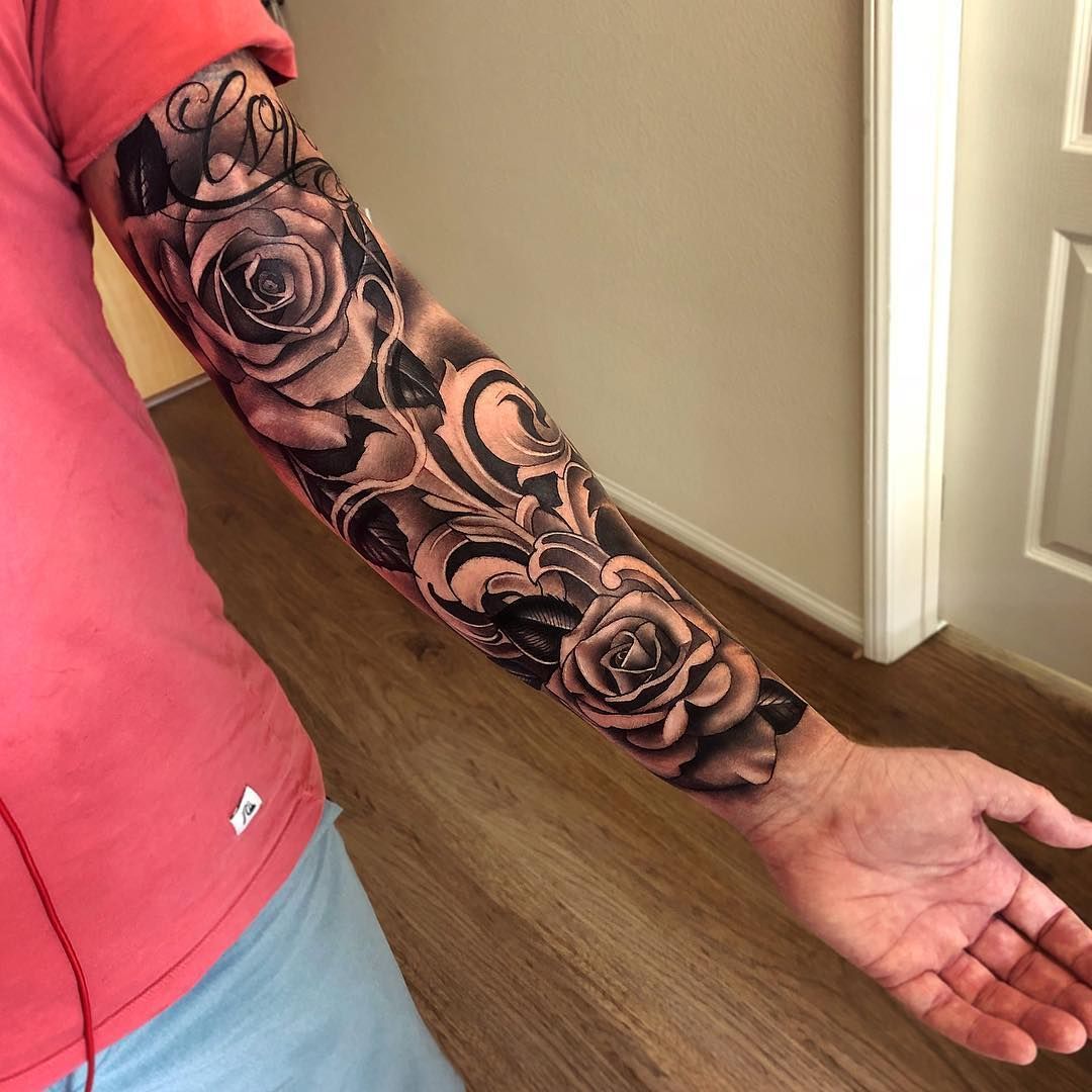 Realistic Roses Half Sleeve Tattoos Black Ink Tattoos Rose Tattoos