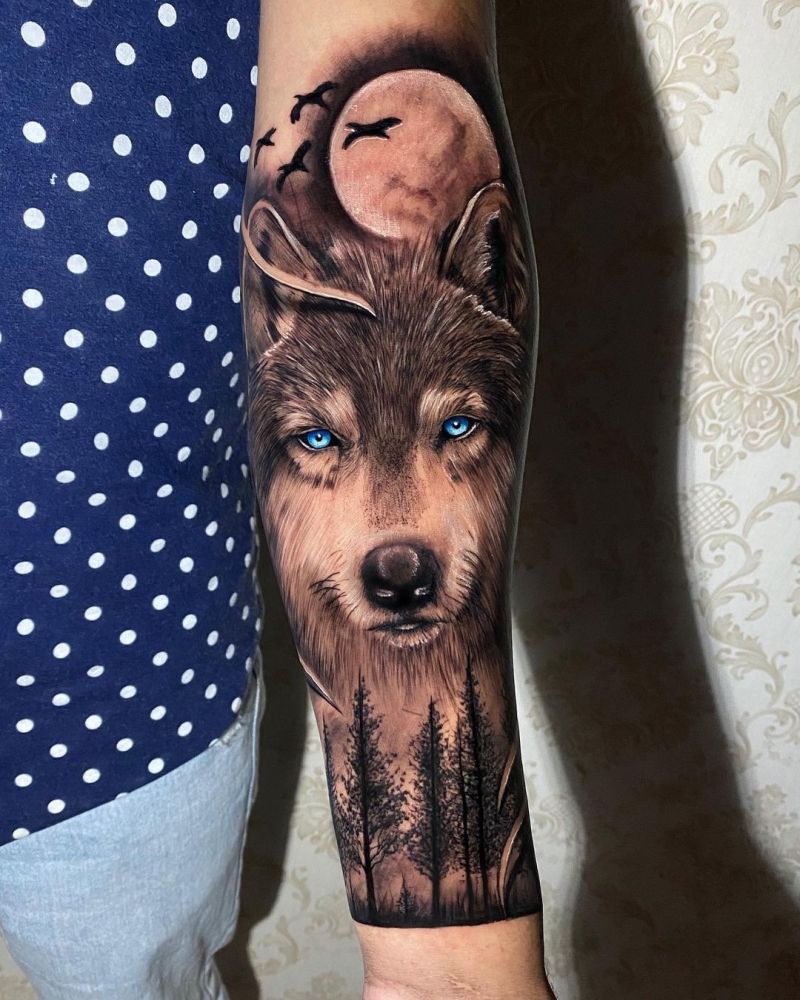 Realistic Wolf Tattoo With Blue Eyes On The Arm Done By Novatos Art In