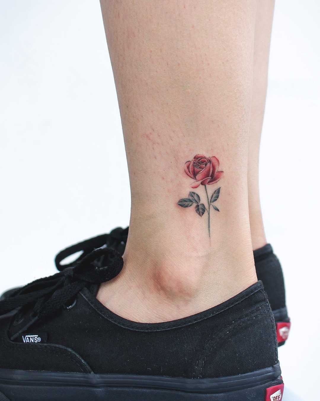 Red Rose Tattoo On The Ankle