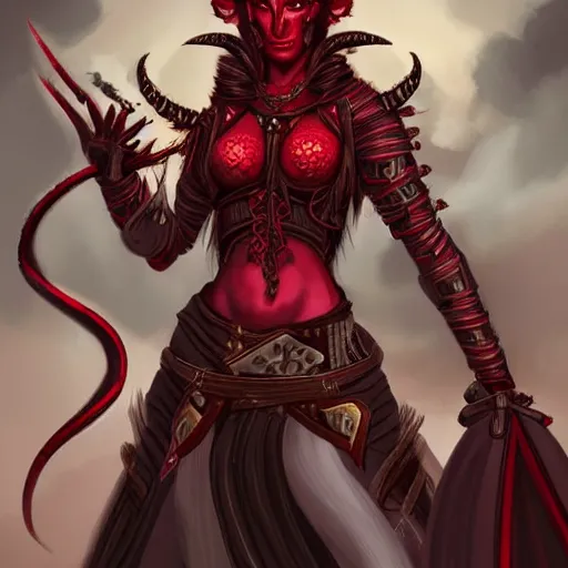 Red Skinned Tiefling Male Withought Horns And A Spear He Wears Scale