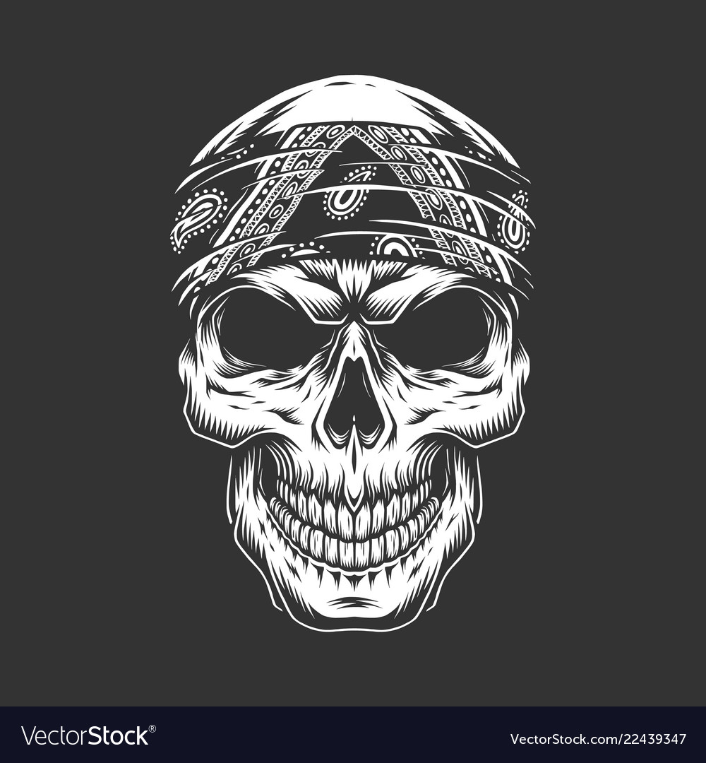 Rock And Roll Skull With Bandana In Monochrome Vintage Style Isolated