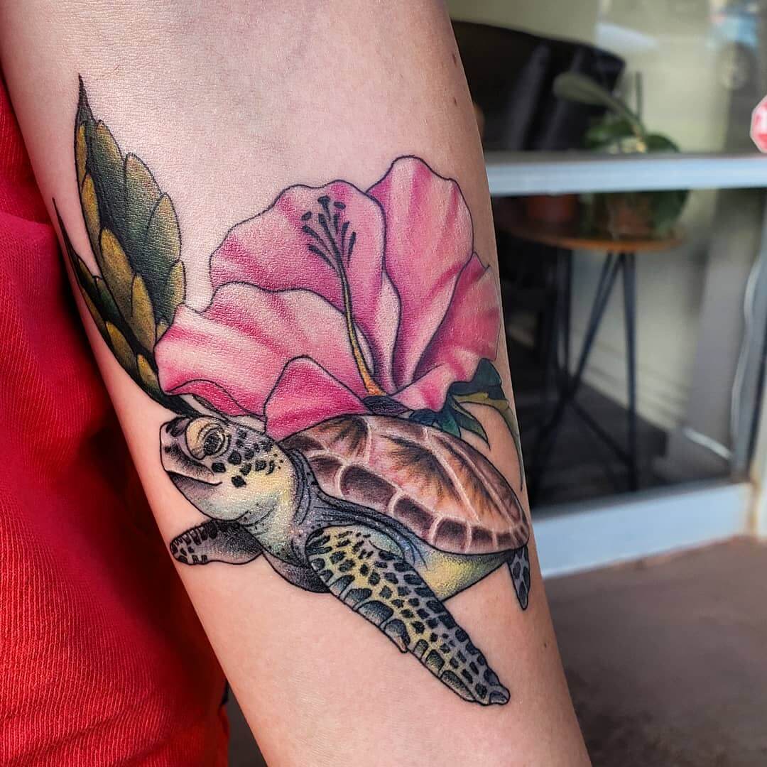 Sea Turtle Flower Tattoo