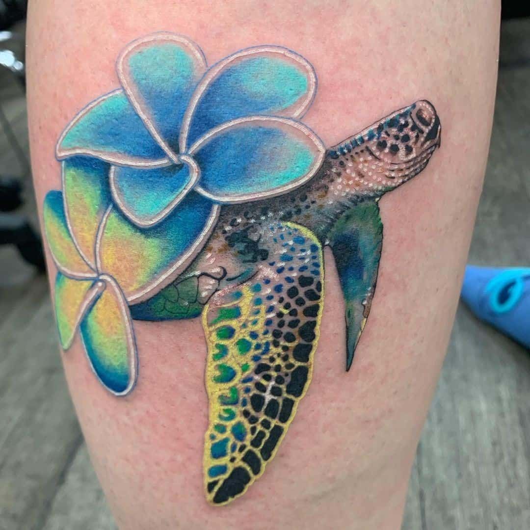 Sea Turtle Tattoo With A Flower Anklet Tattoos Bff Tattoos Tatoos Feather Tattoos Dope