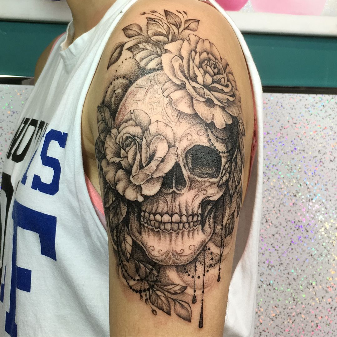 See More Sugar Skull Black Ink Tattoos On Arm