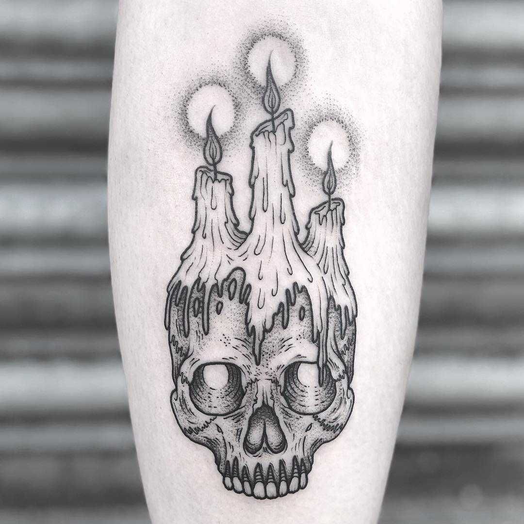 Skull And Candles By Lozzy Bones Inked On The Left Calf Candle Tattoo Occult Tattoo Candle