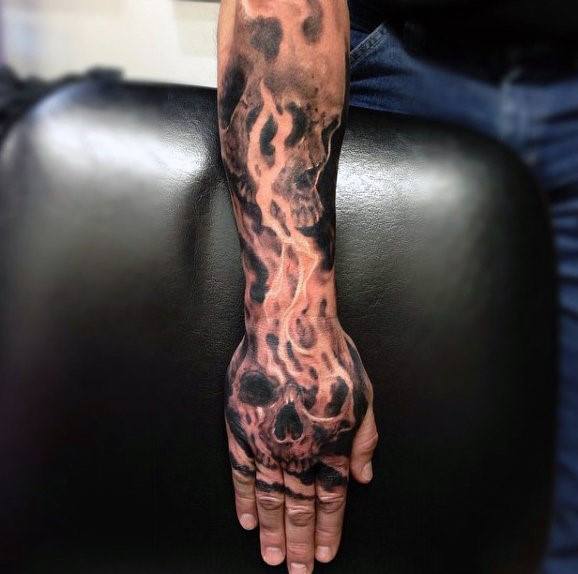 Skull And Flame Sleeve Tattoo Skull Tattoos Skull Tattoo Fire Tattoo