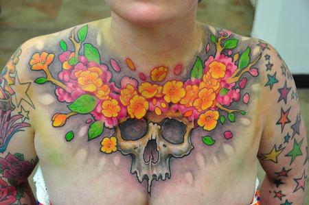 Skull And Flowers Chest Tattoo By Bez Tattoonow