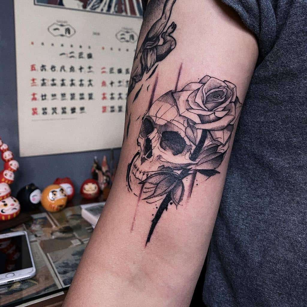 Skull And Rose Tattoo For Girls