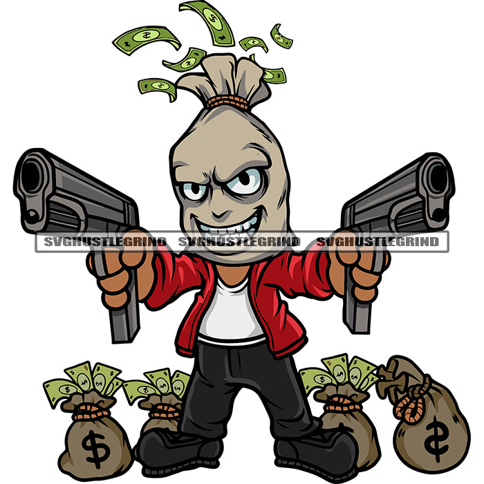 Smile Face Gangster Money Bag Cartoon Character Hand Holding Gun And M