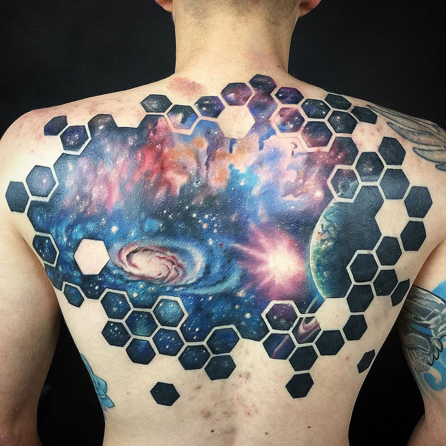 Space Back Piece With Hexagons Best Tattoo Design Ideas