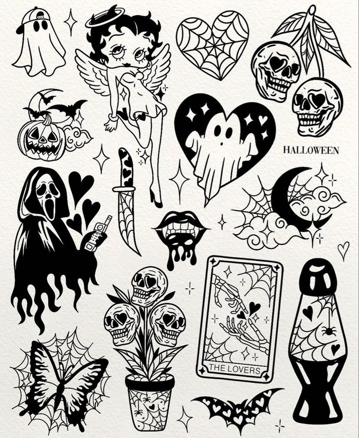 Spooky Small Tattoo Designs Flash Sheet Artbylitzy Halloween