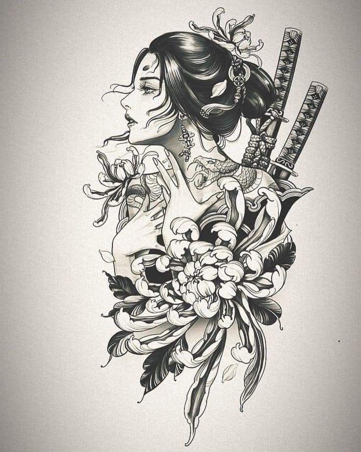 Stencil Geisha Tattoo Design Template