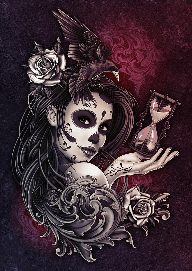 Tattoo Style Sugar Skull Girl With Bird Digital Art By Ben Krefta