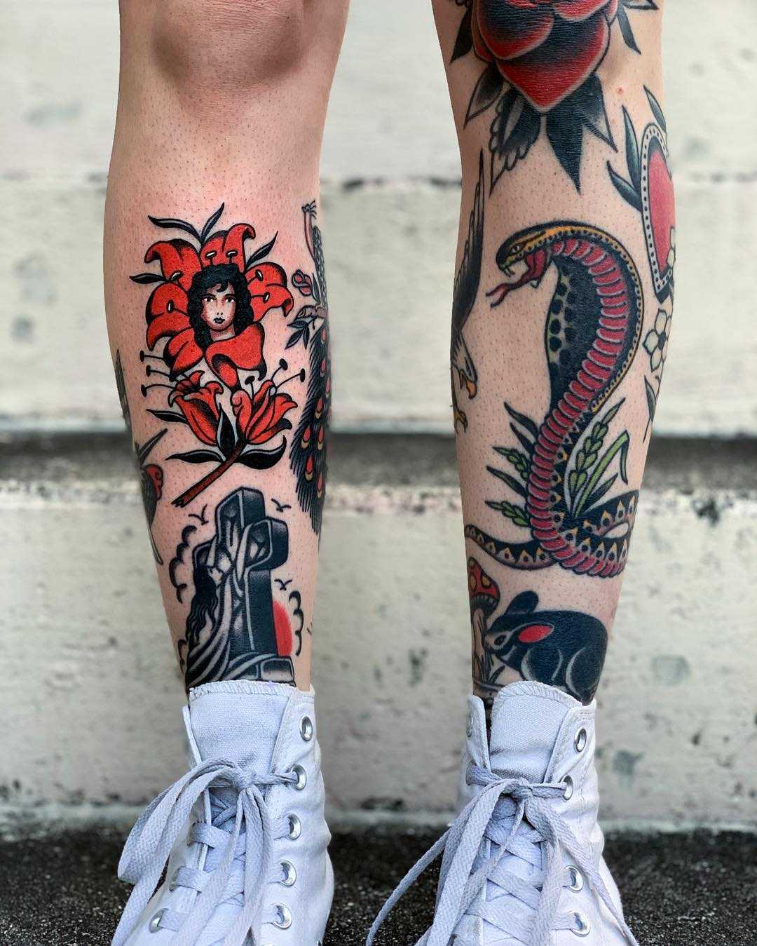 Traditional Leg Tattoos By Javier Betancourt Tattoogrid Net