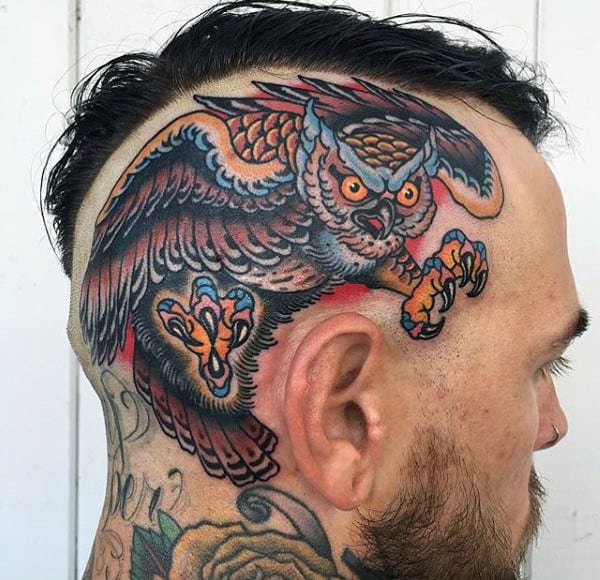 Traditional Owl Head Tattoo