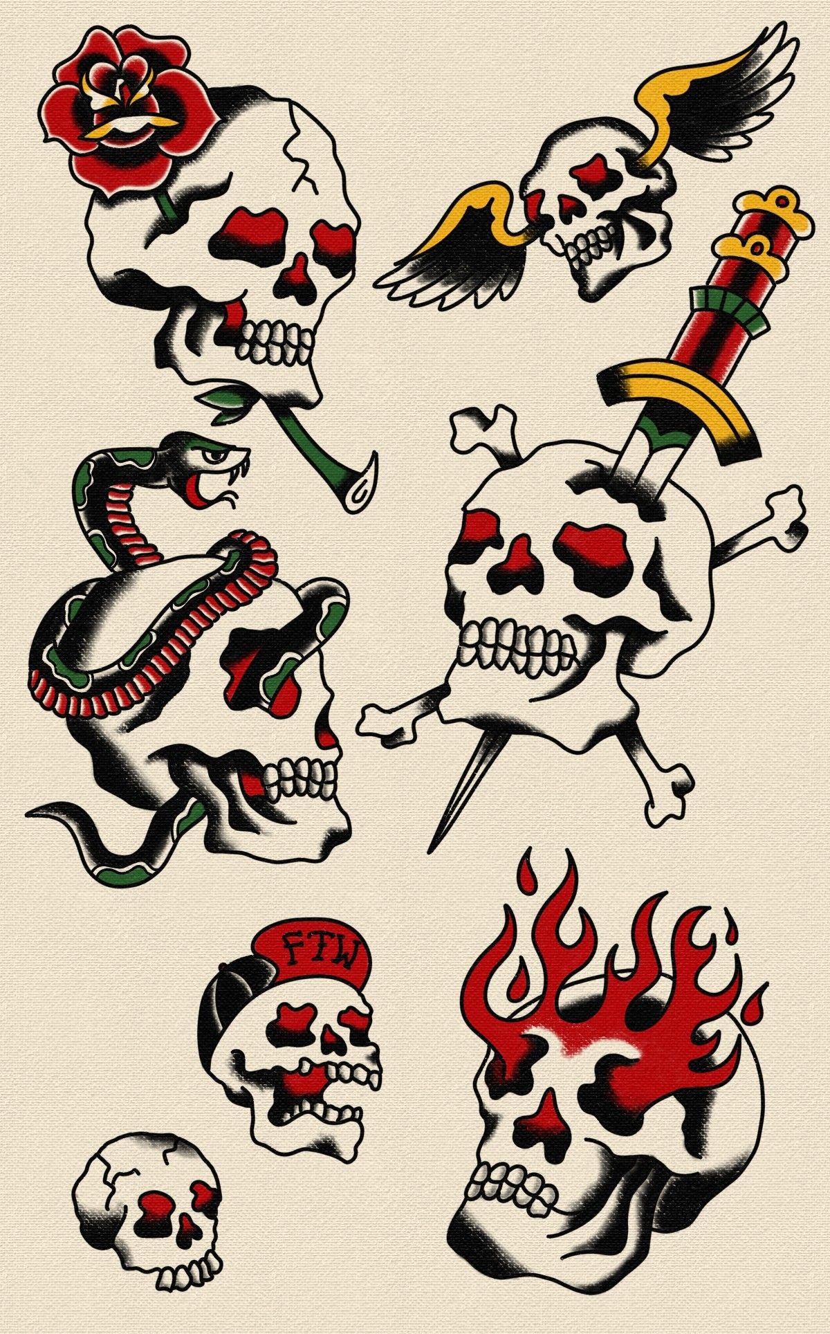 Traditional Skull Tattoo Flash Sheet By Stef Castellarin Traditional