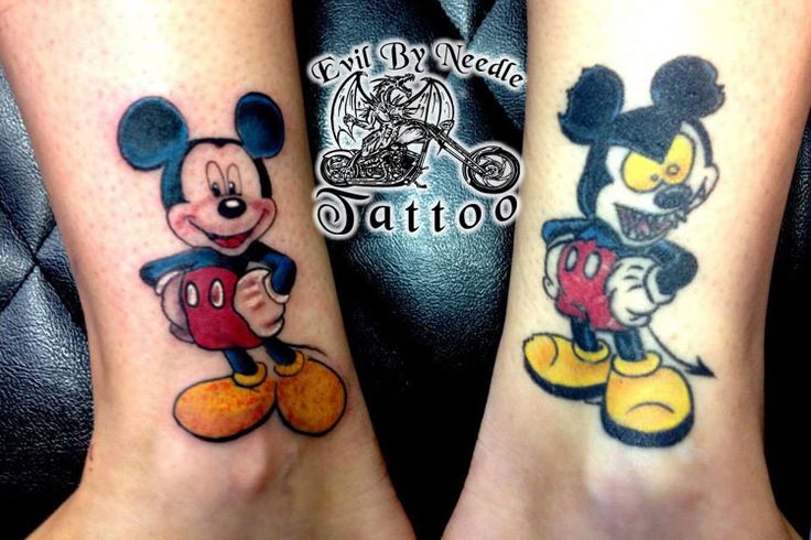 Two Pictures Of Mickey And Minnie Mouse Tattoos On Both Legs One With