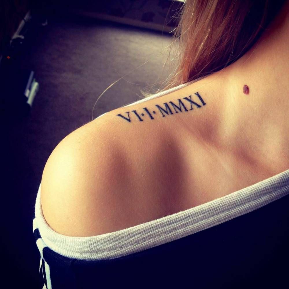 Very Nice Roman Numeral Date Tattoo On Right Shoulder For Girl Roman