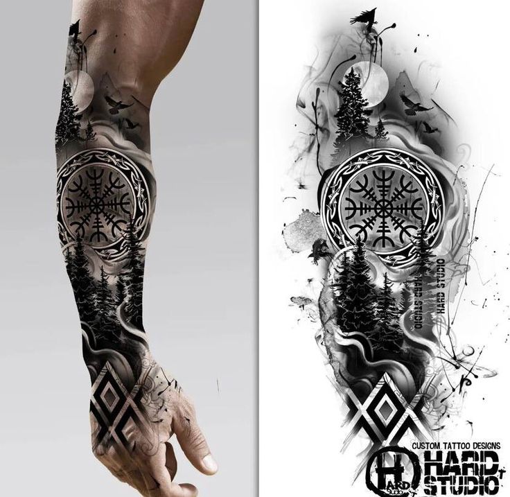 Viking Tattoo Sleeve With Trees And Mountains