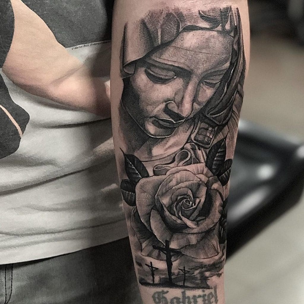 Virgin Mary With Roses Tattoo Designs