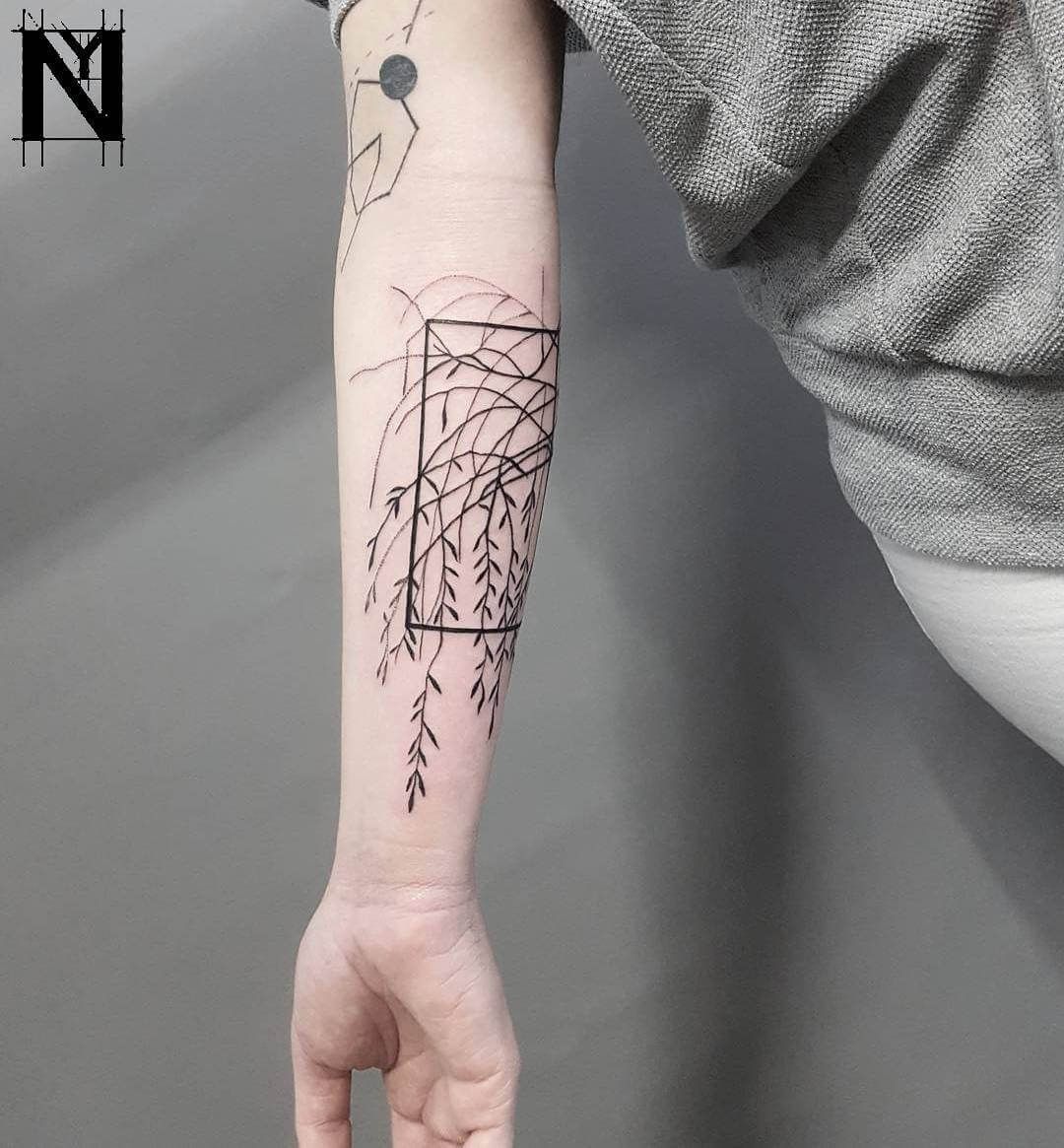 Weeping Willow Tattoo In A Rectangle Tattooed On The Right Forearm