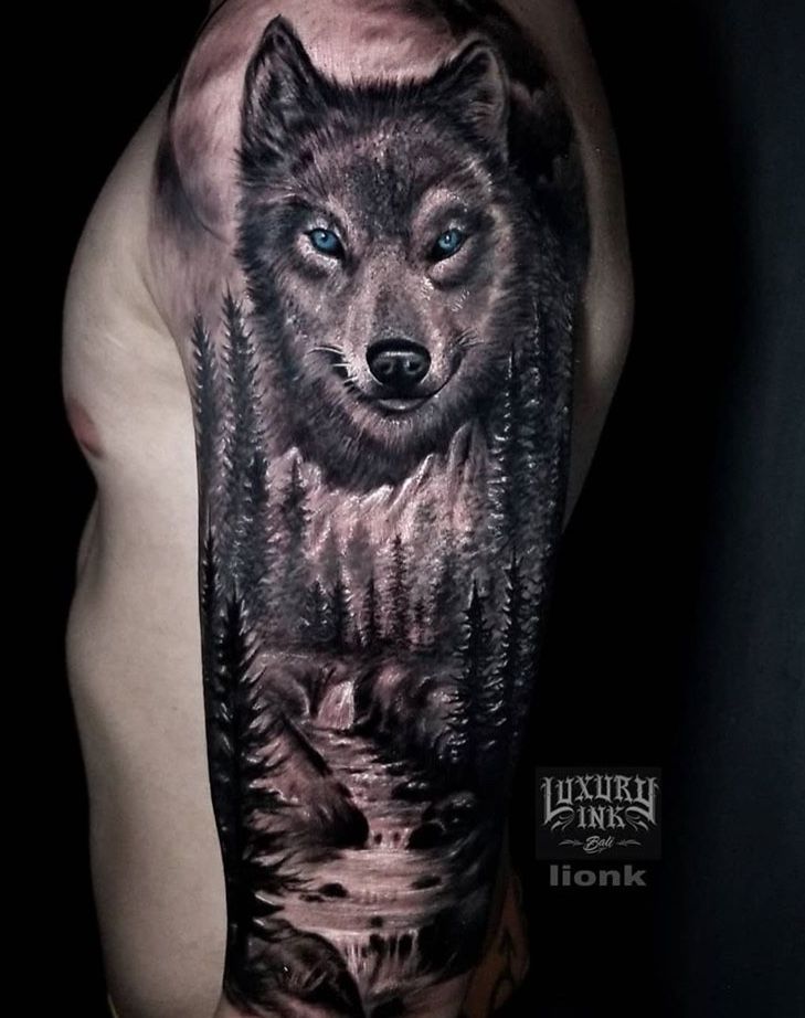 Wolf Tattoo Half Sleeve Shoulder Scenery Forest Moon Mountains