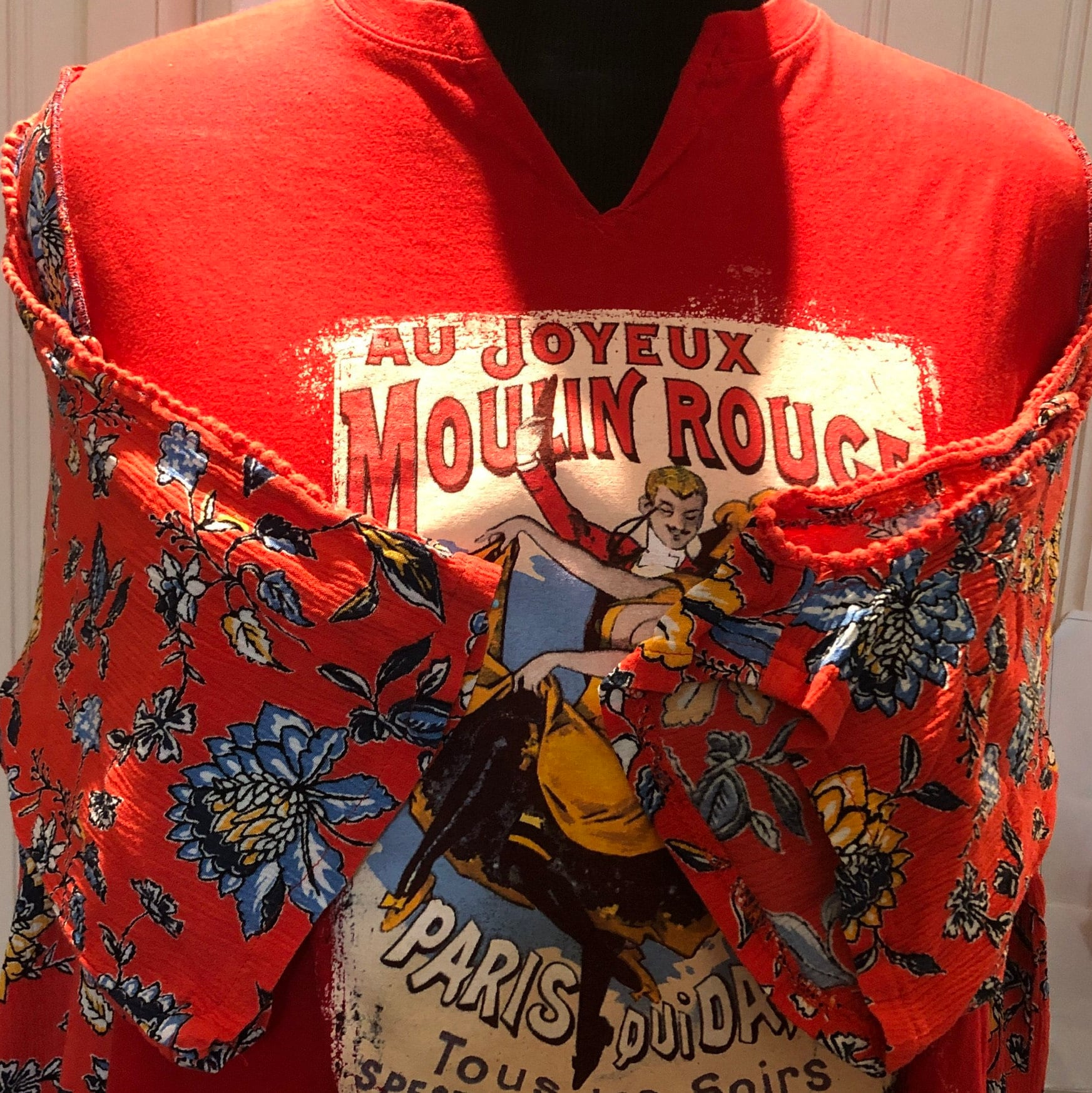 Womens Upcycled Moulin Rouge Theme Tee Shirt Tunic Dress Cold Shoulder